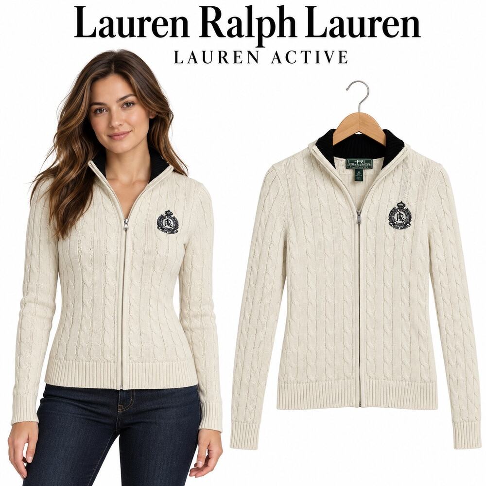 Lauren Ralph Lauren Active Women’s Medium Cream Cable Knit Zip Sweater